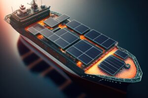 A container cargo ship powered by electricity with solar panels. Ai generated.